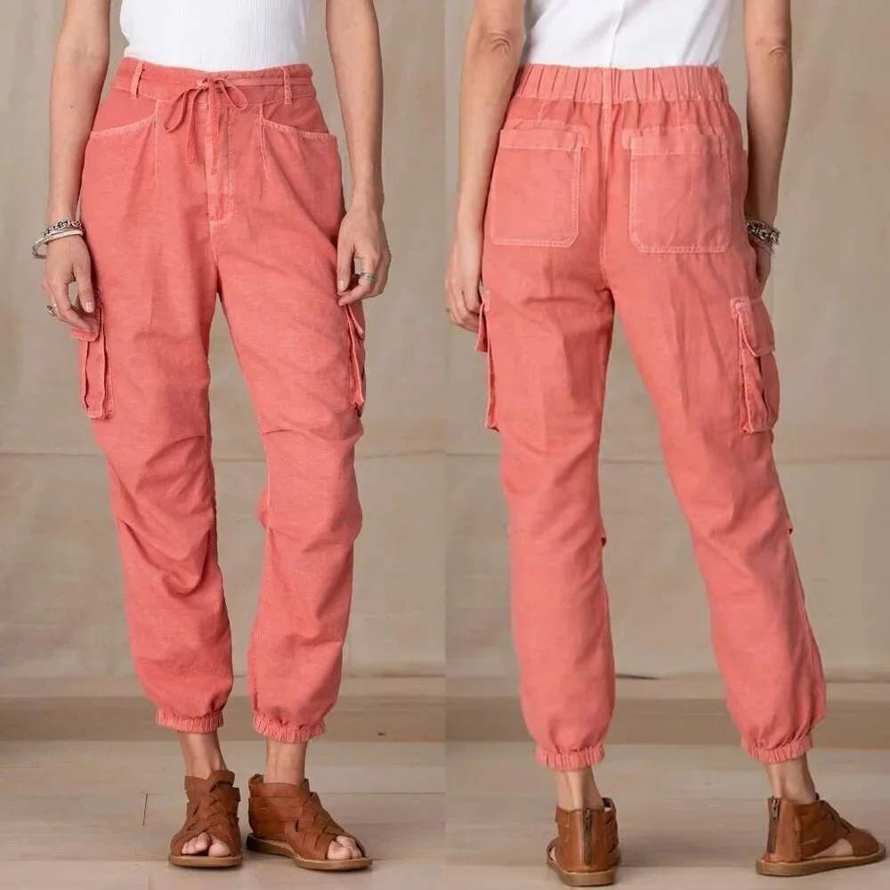 Sundance Hansa Cargo Jogger 8 Pink Coral Linen Cotton Cropped Boho Lagenlook